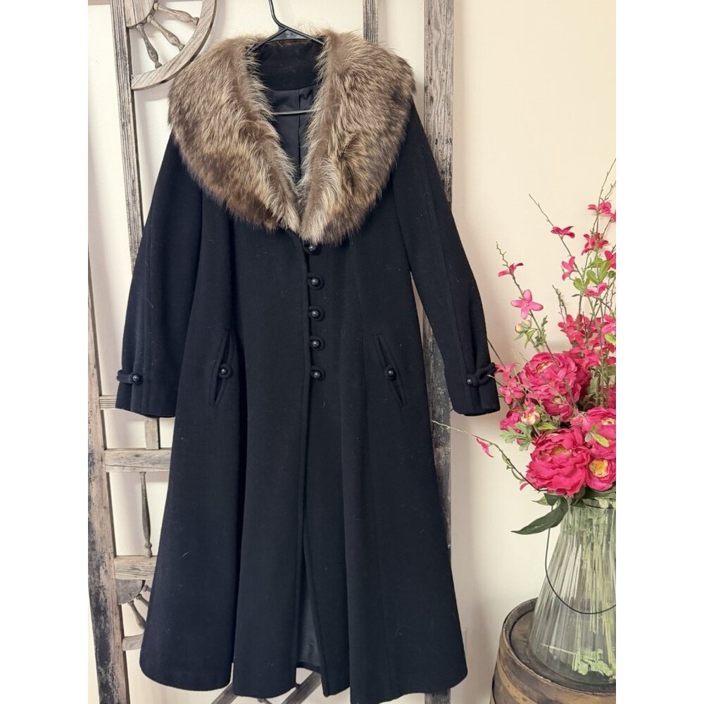 Vintage Jules Miller 💯 Percent Wool Black Trench Coat Fur Collar Union Made USA